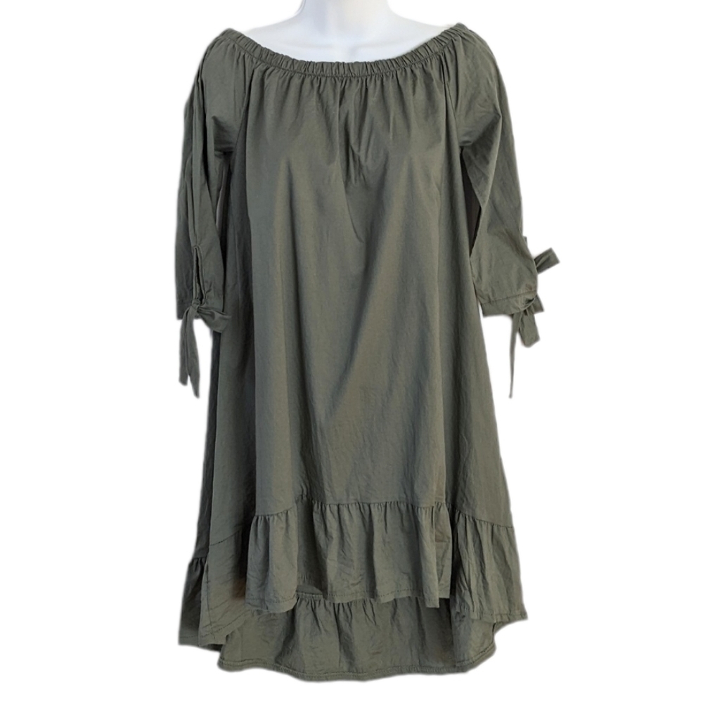 Candida off shoulder tiered flowy dress khaki olive green Medium @F1
